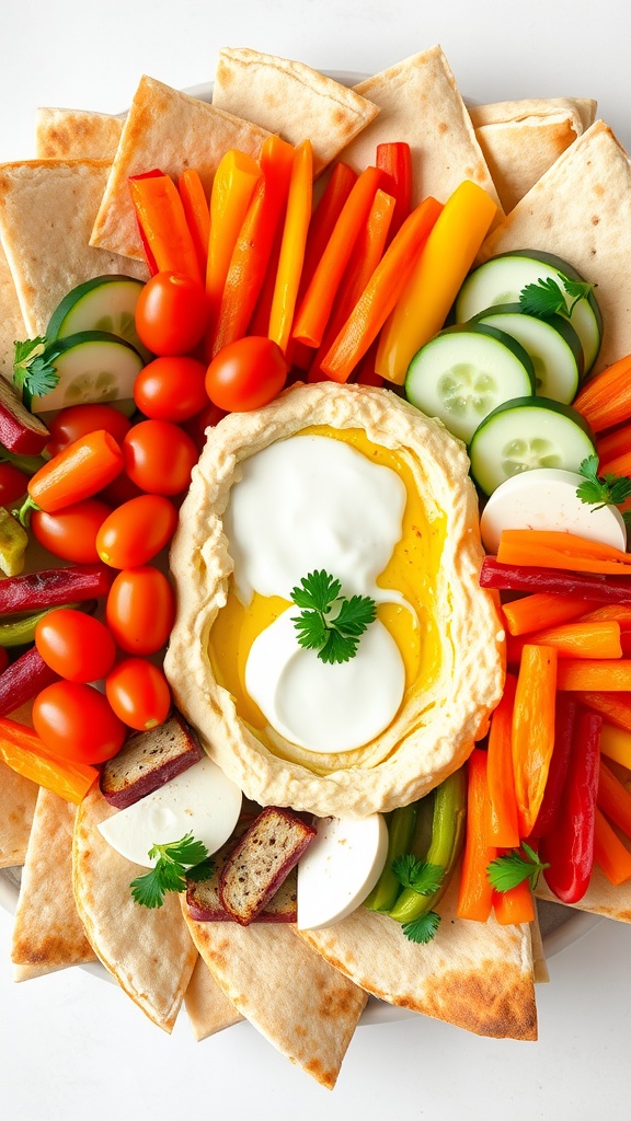 A Mediterranean appetizer spread with hummus, tzatziki, olives, vegetables, and pita on a platter.